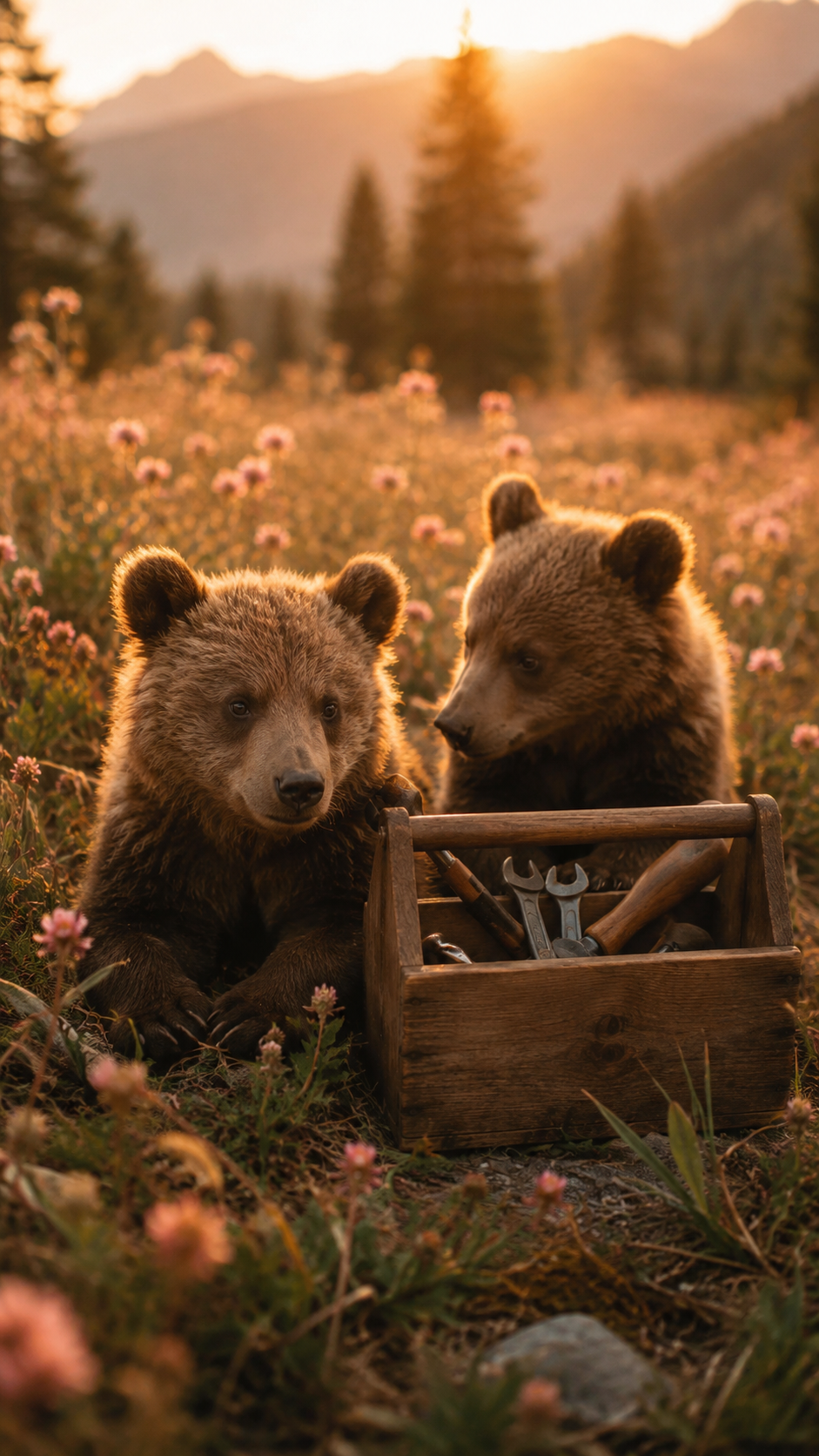 Two bear cubs beside a toolbox representing the Toolbox of Abilities in the Brickhouse Confidence Method.