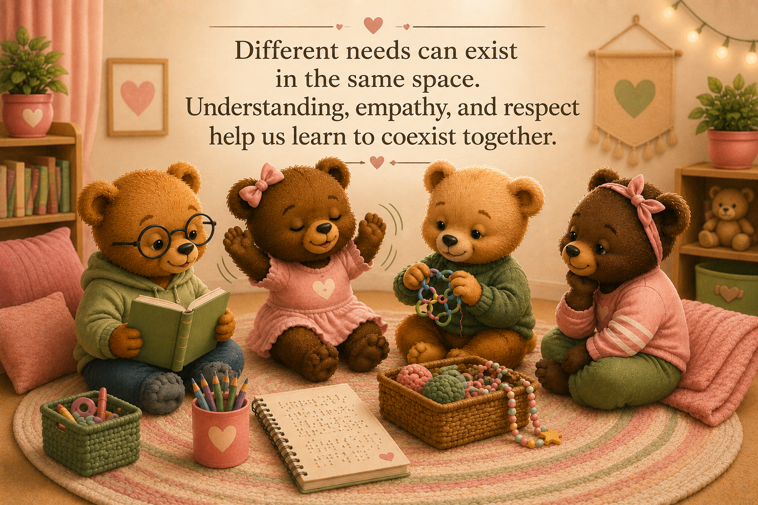 Storybook-style illustration of four bear cubs sharing space together in a cozy pastel room. One cub is stimming through movement while the others read, play with sensory toys, and engage calmly nearby. A Braille notebook, crafts, and tactile items sit on a braided rug beneath a quote about understanding, empathy, respect, and coexistence