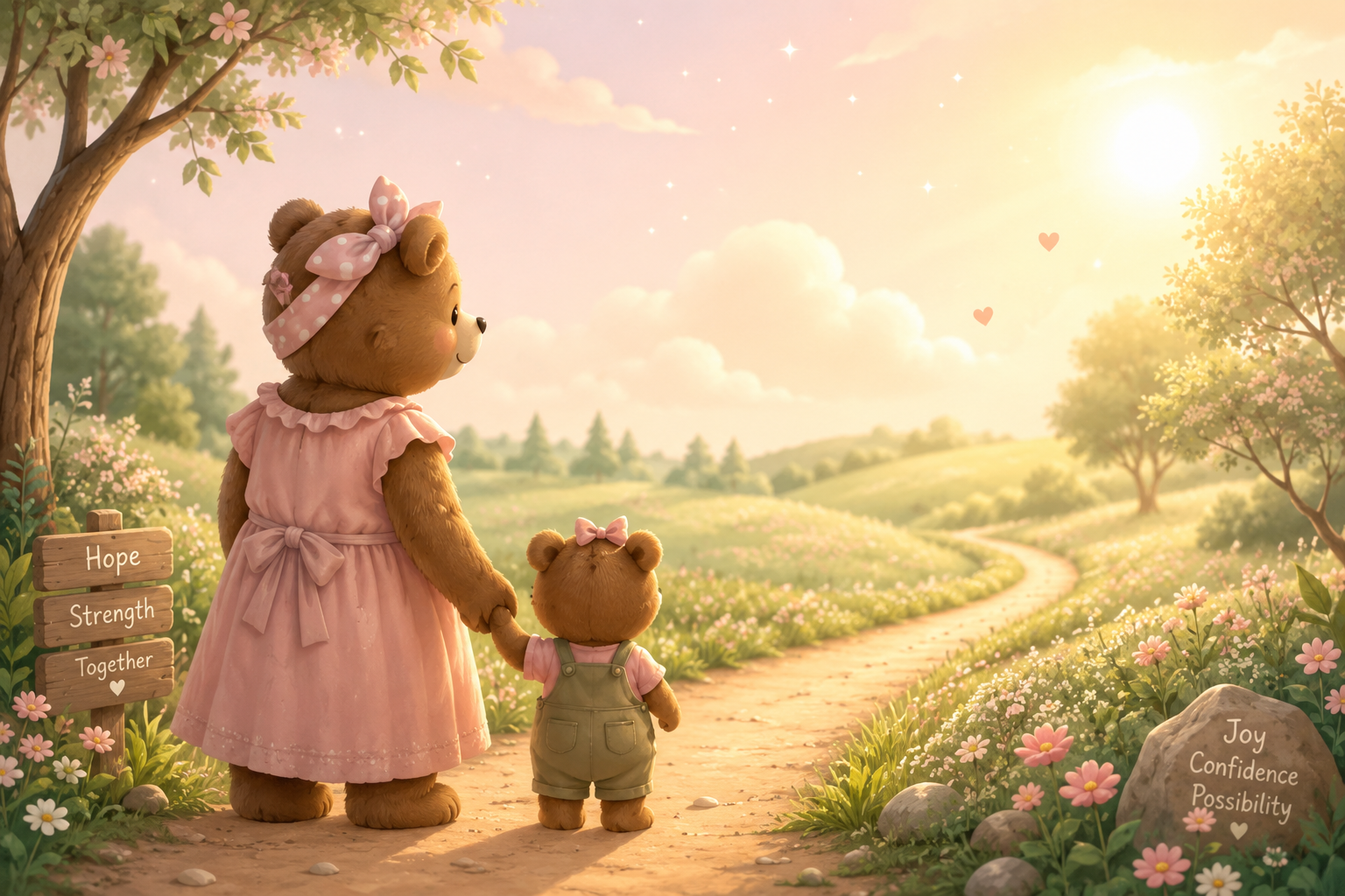 Illustrated mama bear and cub holding paws while standing on a winding path through a sunlit meadow filled with soft pink flowers. Warm golden sunlight shines ahead as the path curves into the distance, symbolizing hope and possibility. The scene features gentle pastel tones of pink, sage green, and cream, creating a comforting storybook atmosphere of love, support, confidence, and growth.