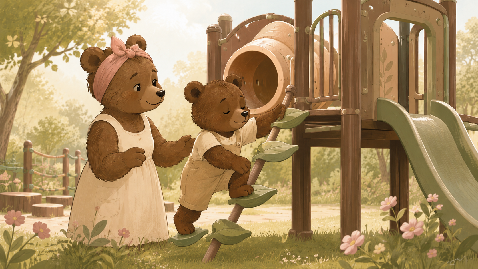 A warm storybook-style illustration shows a mama bear standing supportively beside a bear cub as the cub climbs a leaf-shaped playground pole connected to a jungle gym. The scene includes a tunnel, slide, soft sage grass, dusty pink flowers, cocoa brown tones, and golden sunlight, symbolizing confidence, guidance, and growing independence through play.