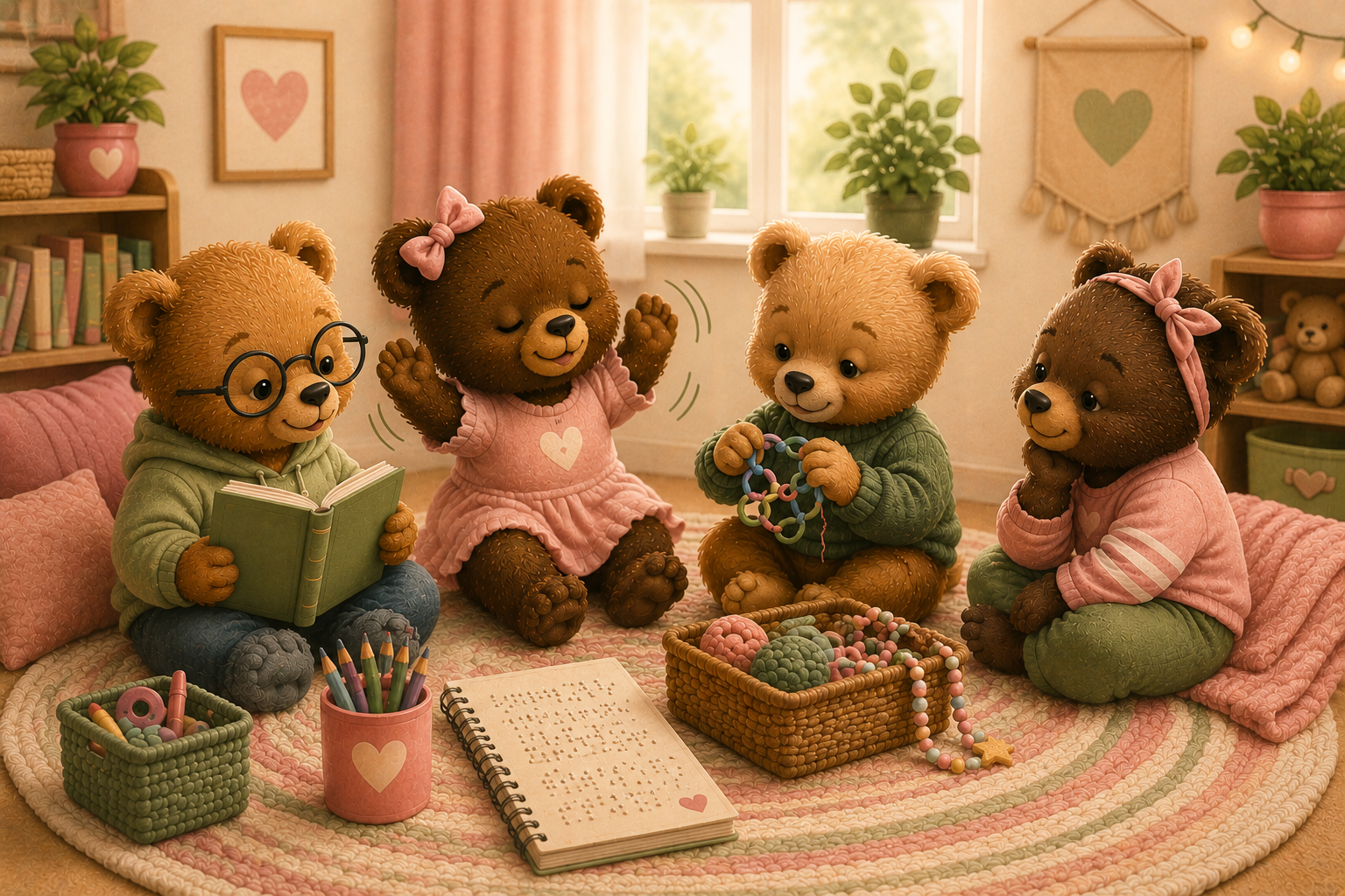 "Cozy illustration of bear cubs sharing space together, with one cub stimming and others engaging respectfully with books, crafts, sensory tools, and a Braille notebook, representing understanding, empathy, and coexistence.